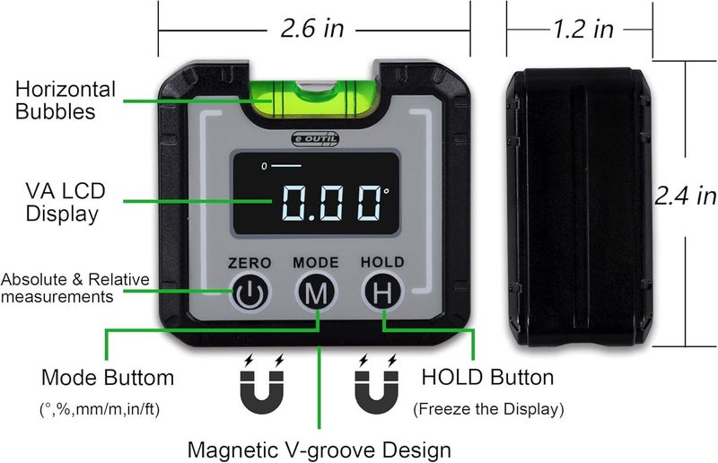 OUTIL Digital Angle Finder Magnetic & Level Bubble Vial 4 X 90°Angle Gauge Inclinometer, Mini Level Bevel Gauge Protractor for Woodworking, Building, Table Saw, Vertical Wall (white) - Image 2